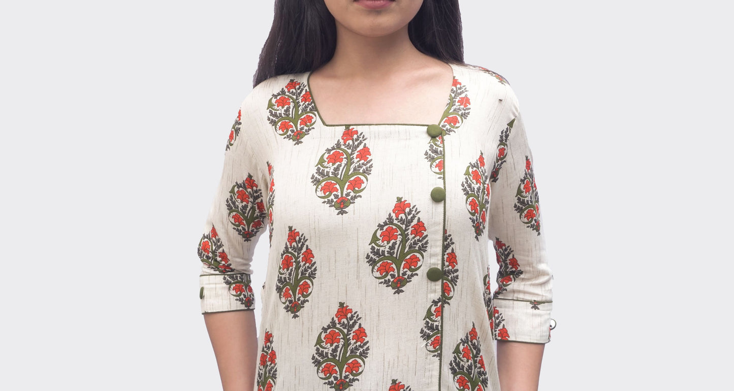 "Cotton Square Neck Kurti with Contrast Piping by Anikkriti"
